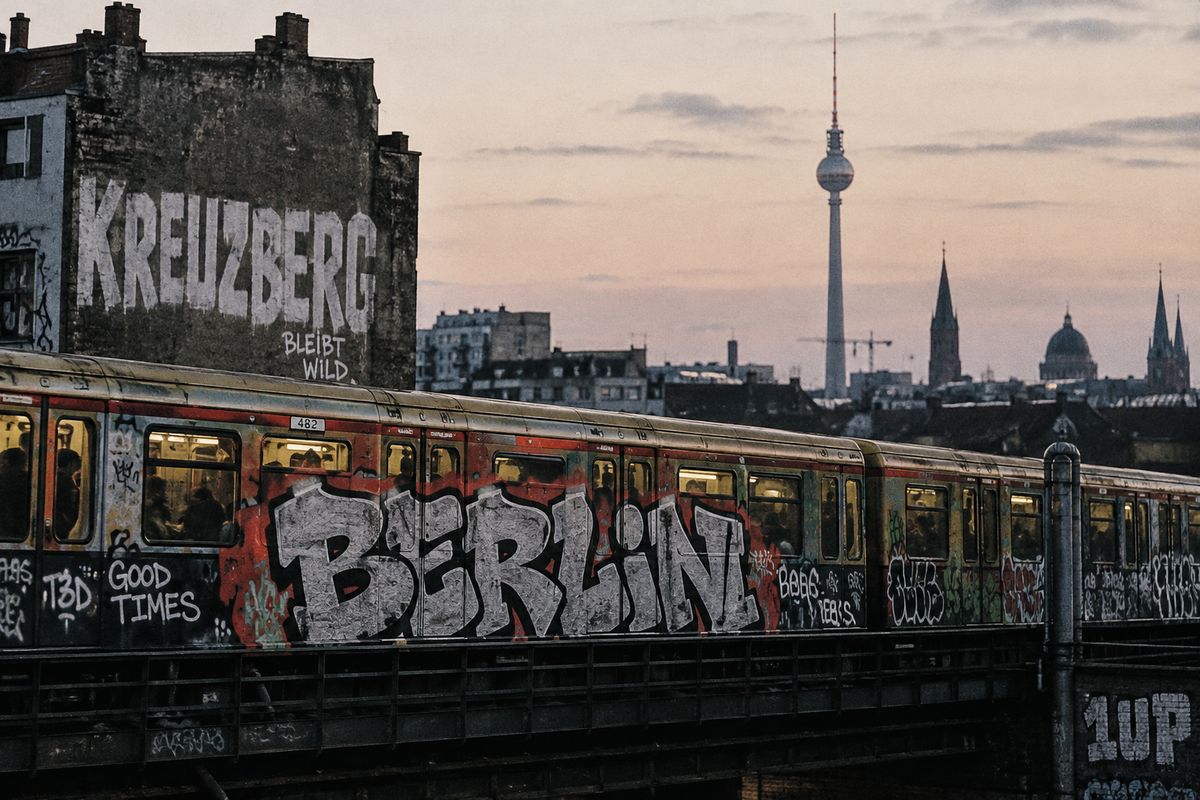 Graffiti-covered Berlin train with Kreuzberg and the Berlin skyline